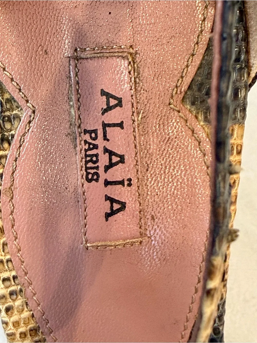 Alaïa Brown Snakeskin Heels, Wood Sculptural Wedge, ankle strap, brw/tan,38,EUC